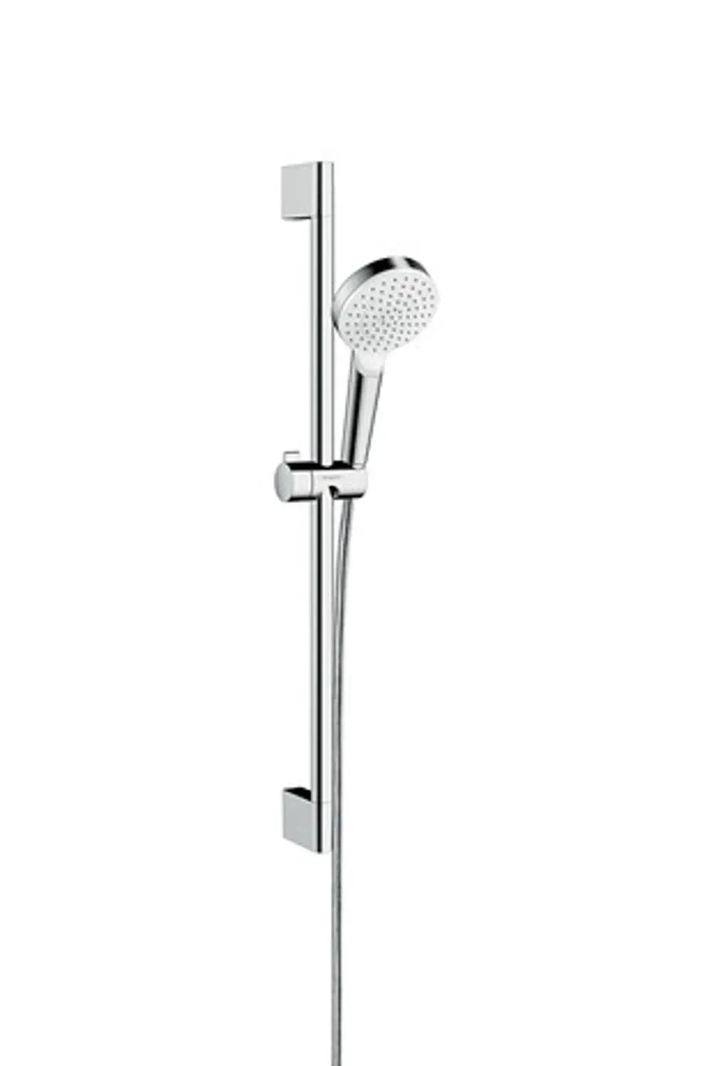 Weißes Brauseset mit chromfarbener Brausestange und Handbrause. Das Set ist von Hansgrohe und bietet eine einfache, funktionale Gestaltung für Duschanwendungen.